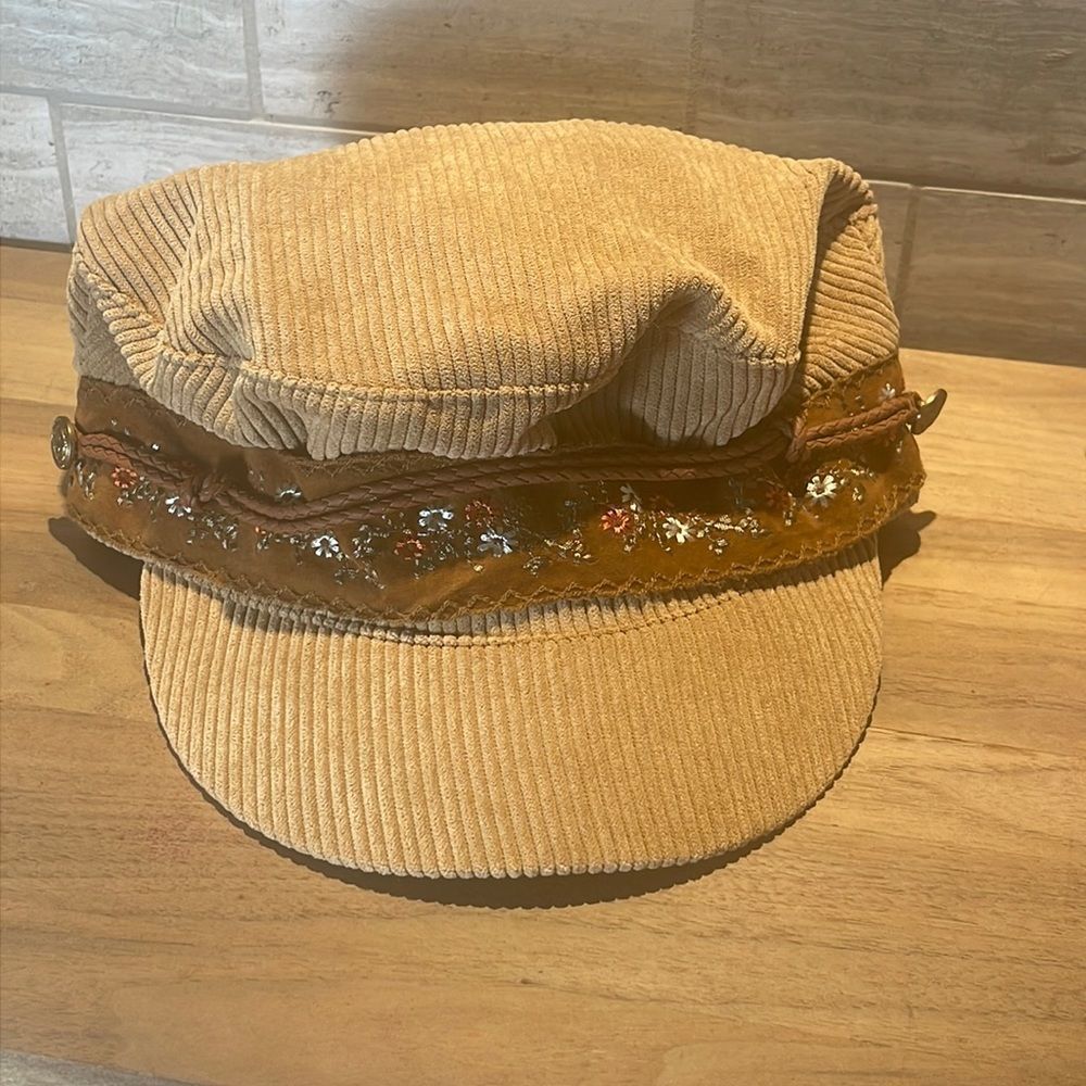 New Free People Wildflower Lieutenant Hat Tan Embroidered Floral Corduroy
